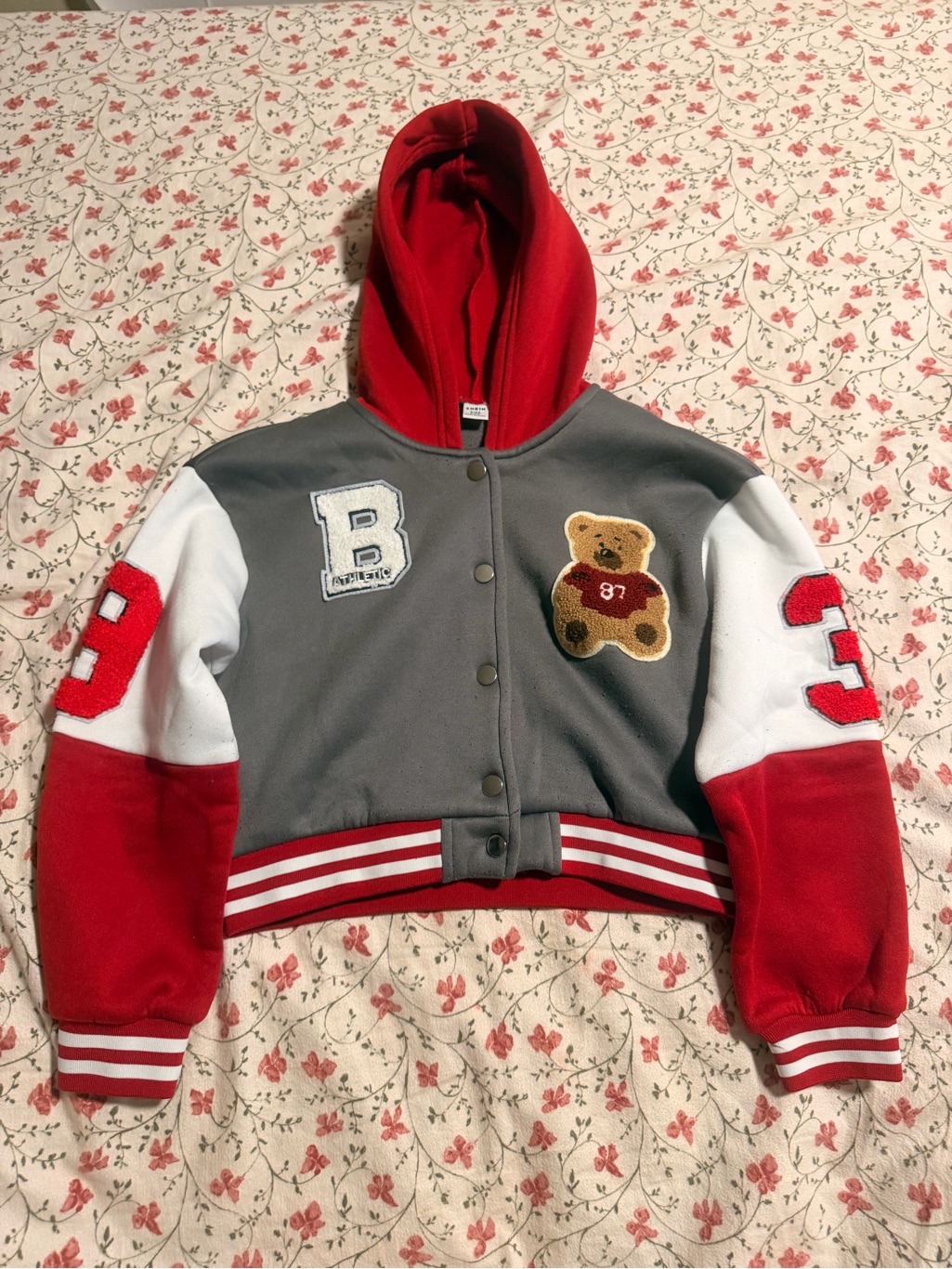 Shein Red, Gray & White Kids Hooded Varsity Jacket With Teddy Patch